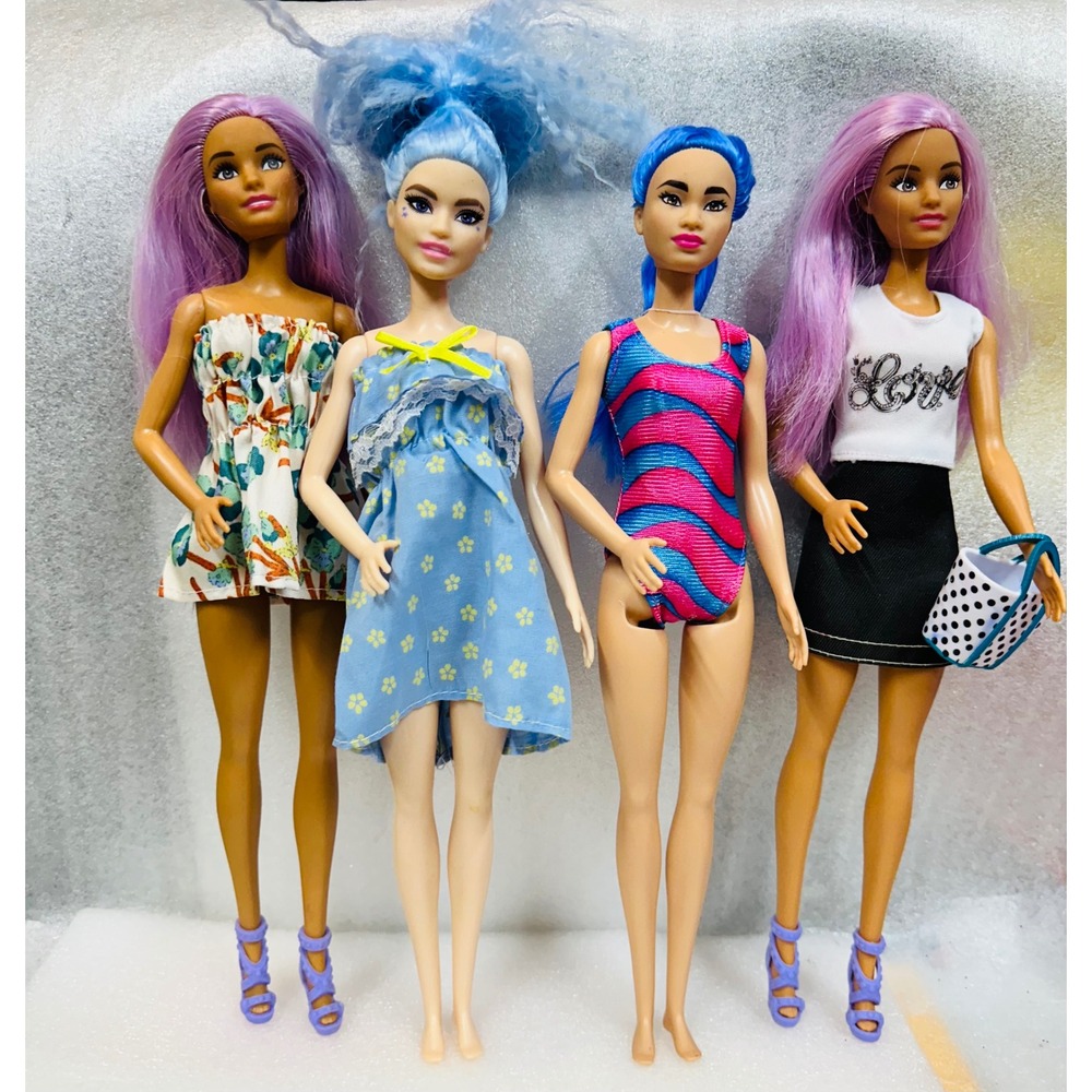 Lot of 4 Barbie Dolls with Fashion Outfits and Accessories Play Collection Shoes